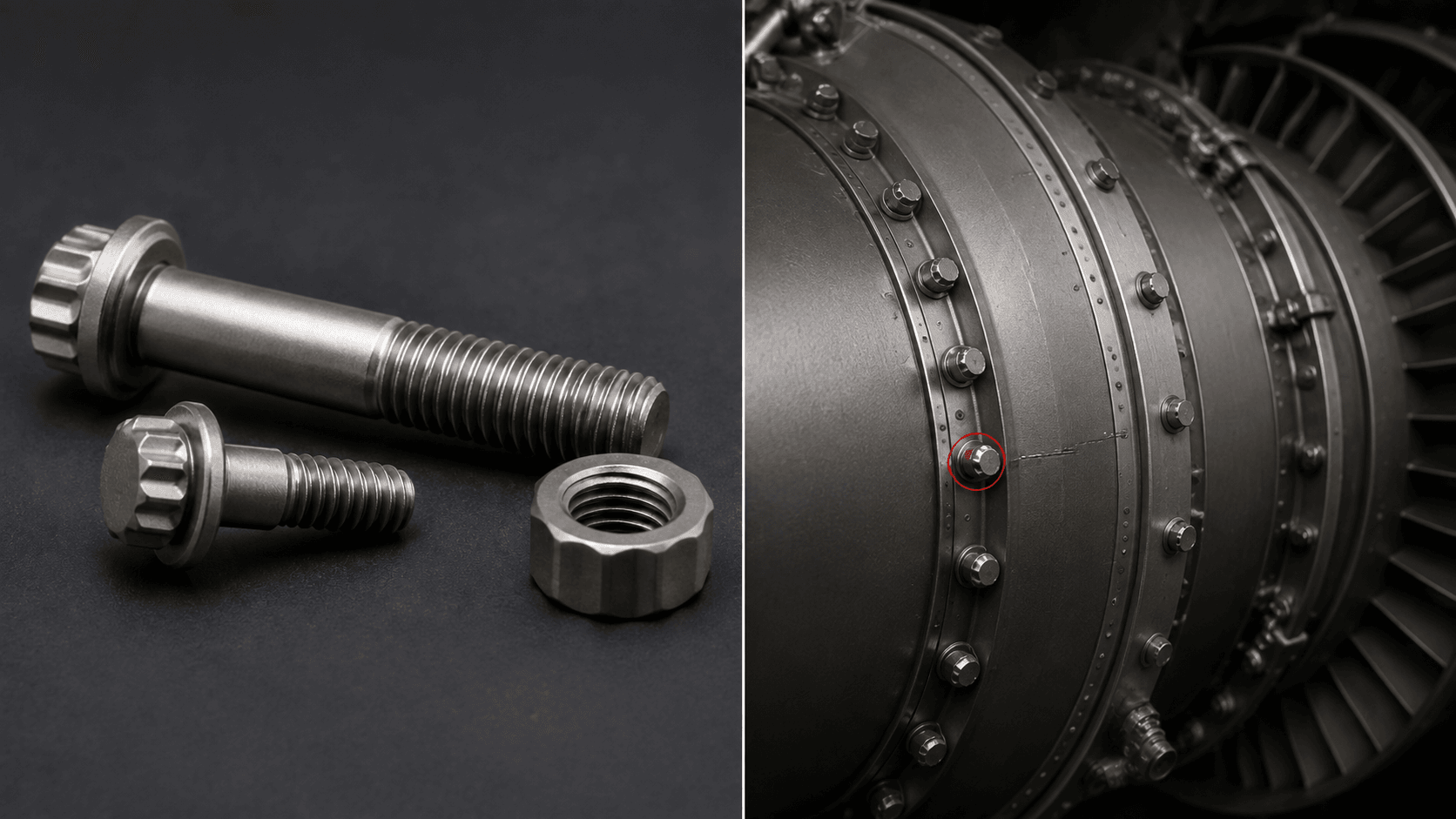 Close‑up of high‑temperature fasteners and an illustration of their application in the aircraft engine casing connection area