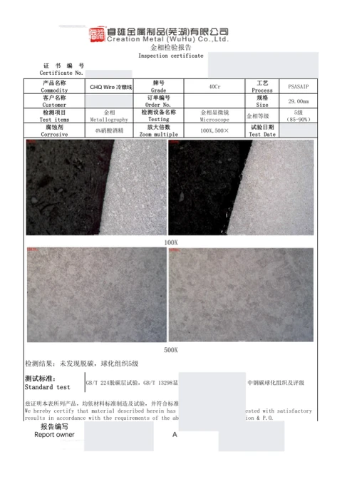 Professional metallographic report sample (redacted)
